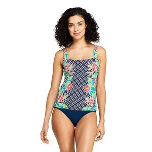 LANDS' END Square Neck Swim Tankini Floral Geometric Print Size 8 Built-in Bra